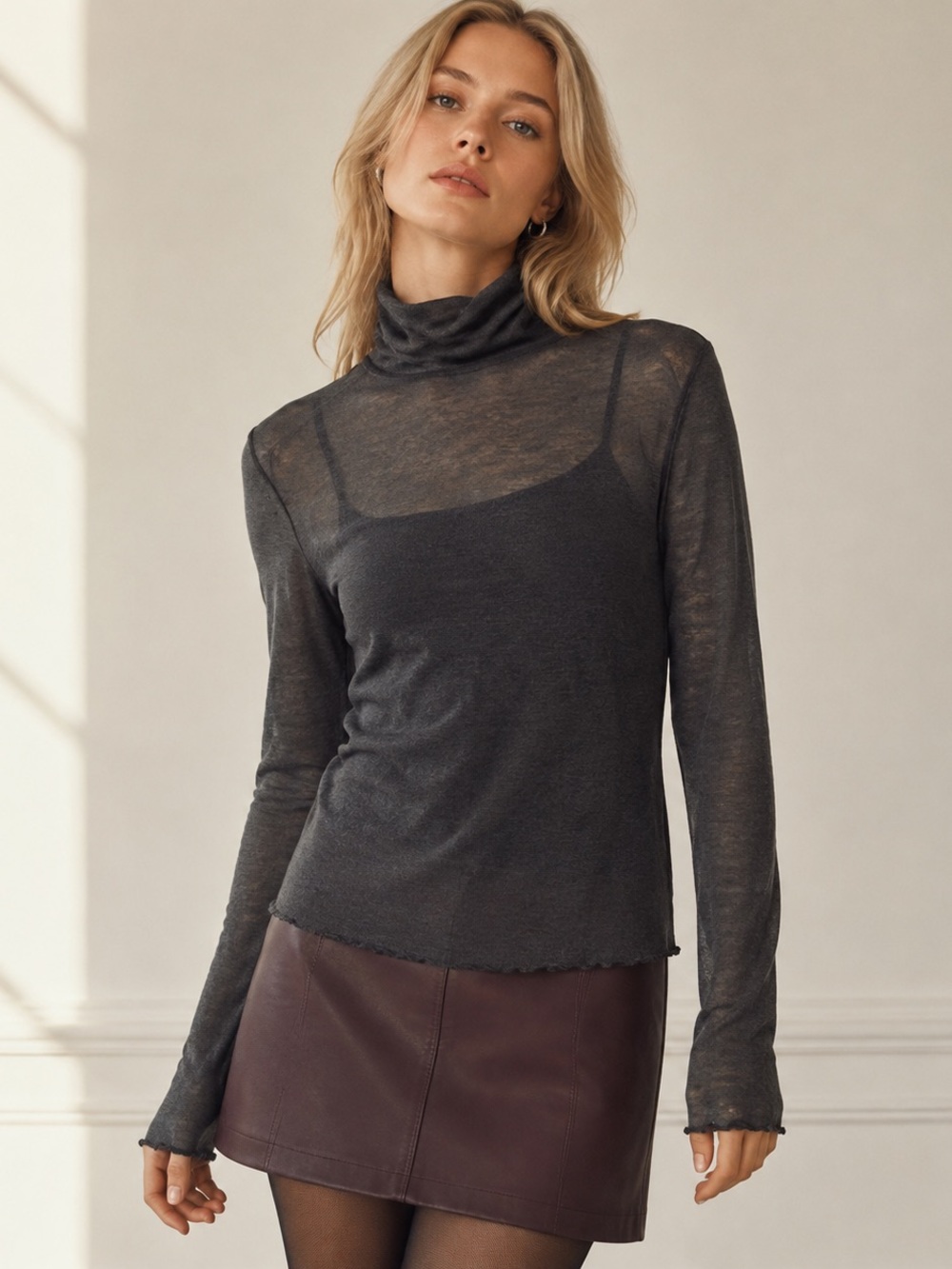 Zadig & Voltaire Black Semi-Sheer Turtleneck Long Sleeve Top 100 % Cashmere